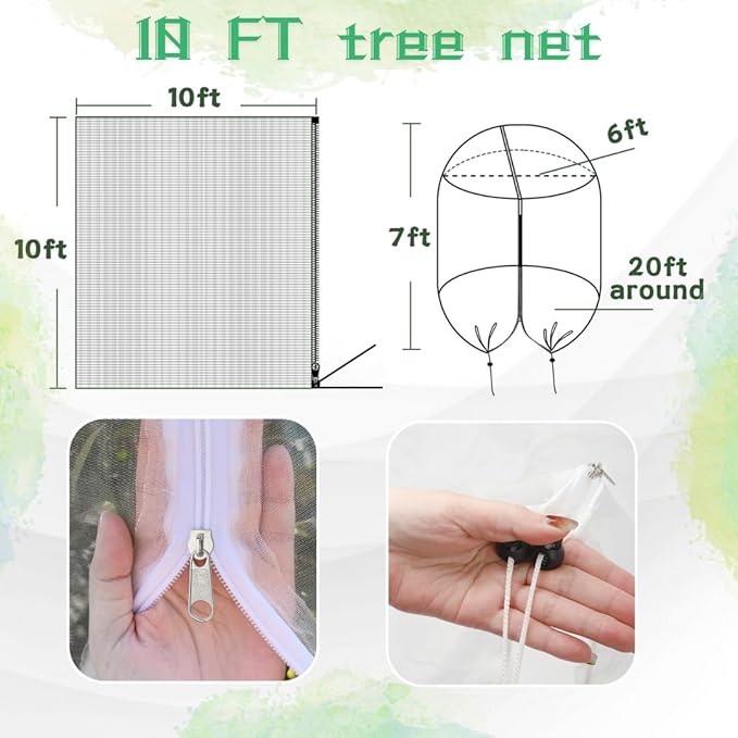 1 Pack 10x10ft Fruit Tree Netting with Zipper & Drawstring, Bird Netting for Fruit Trees, Heavy Duty Tree Nets for Fruit Trees, Reusable Mesh Cover to Protect from Birds, Squirrels, Deer & Insects