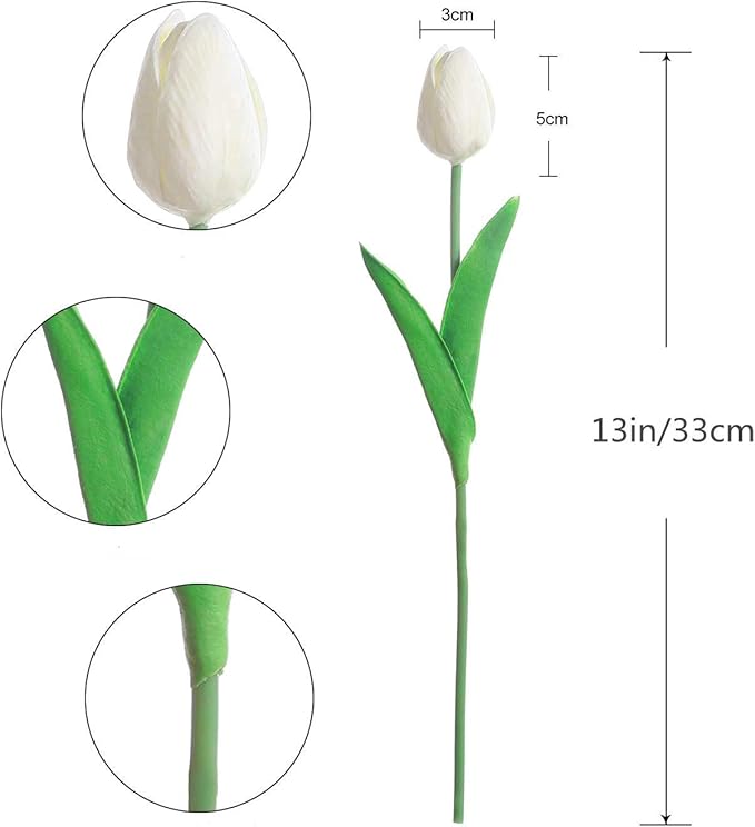 Kisflower 30Pcs Latex Tulips Real Touch White Artificial Flowers Fake Tulips Arrangement Bouquet for Home Office Wedding Decor (White)