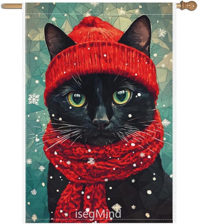 Black Cat with Red Scarf and Hat Snowflake Christmas Garden Flag, 28x40 Inch Double Sided Linen Holiday Red Winter Farmhouse Yard Outdoor Decoration (4331)