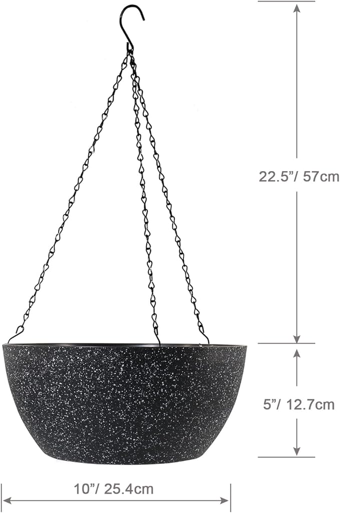 WSMKSZ 10 inch Hanging Planters for Outdoor Indoor Plants with Drainage Holes and Chain, 2 Pack Round Hanging Flower Pots for Garden Home Porch Decor, Speckled Black