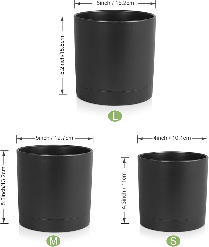 Meowell 6/5/4 inch Flower Pots, Set of 3 Cylinder Plant Pots for Small Indoor Outdoor Plants, Plastic Planters with Drainage Holes and Saucers for Garden Succulent Nursery House Plants, Black
