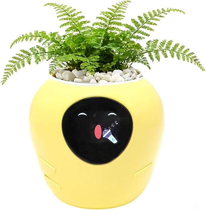 Odpaltoy Smart Plant Pot with Expression, AI Intelligent Flower Pot for Indoor Decoration, Smart Garden Pot with Water/Light/Temperature Sensors, Ivy AI Planter (Yellow（Big）)
