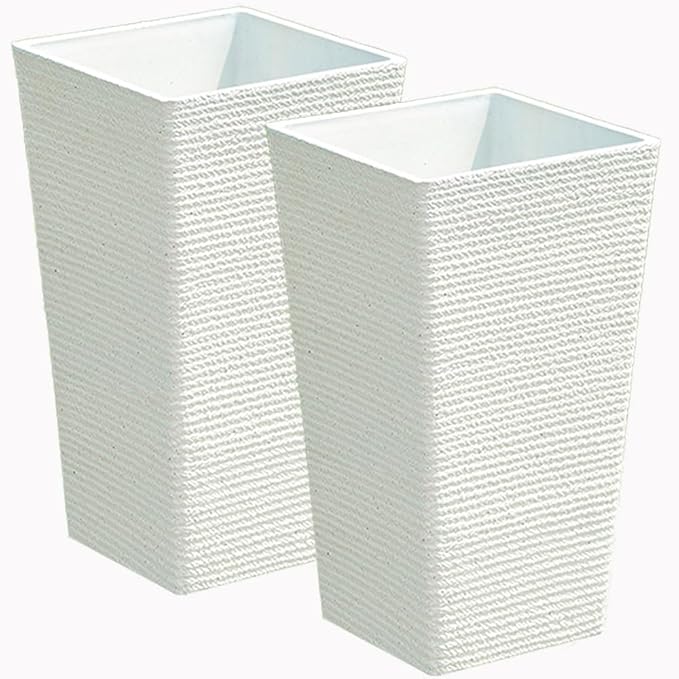 KIFFUN 2 Sets Large Tall Planter for Outdoor or Indoor,Resin,Stone Finish,21" H*12" W, Flower Pots Tapered Planters Box for Porch, Patio,Garden,Front Door Decor(White)