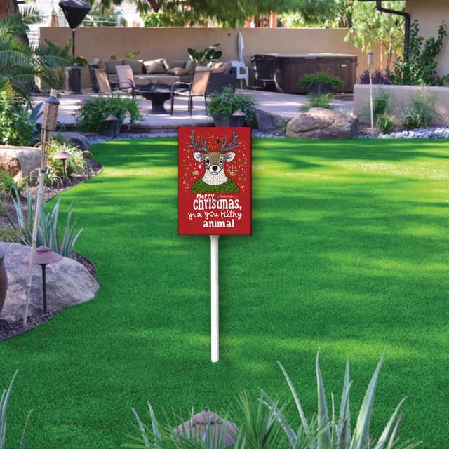 Uptell 7x8.8 Inch Merry Xmas Ya You Filthy Animal Garden Sign Winter House Yard Sign Porch Xmas Holiday Home Decorations Outdoor With Metal Stakes 12.8 Inch