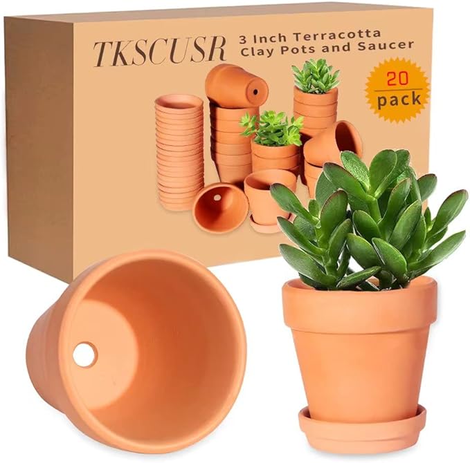 TKSCUSR 3 Inch Terracotta Pots with Saucer-20 Pack，Cactus Terra Cotta Flower Pot with Drainage，Succulent Nursery Clay Pots Great for Plants,DIY Crafts, Wedding Favor