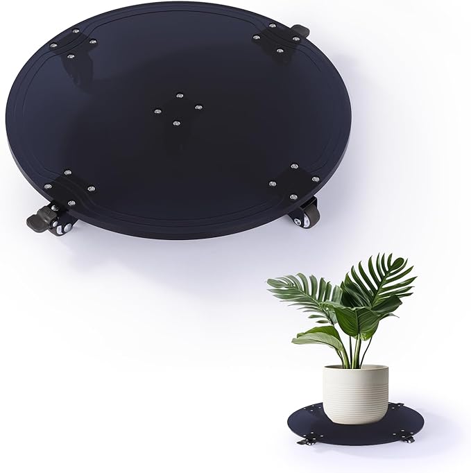 12" Round Shape Black Color Heavy Duty Acrylic Plant Stand with Wheels, Plexiglass Plant Caddy on Wheels - Outdoor Flower Pot Rack on Rollers - Indoor Dolly Holder Rolling Tray Coaster, 1PC