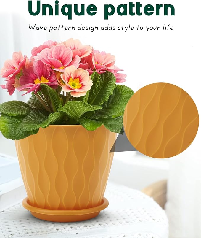 6 Inch Indoor Planter Pots with Drainage Hole and Tray Saucer,Flower Pots for Indoor Outdoor Garden Plants and Flowers, Multicolor, 4 Packs