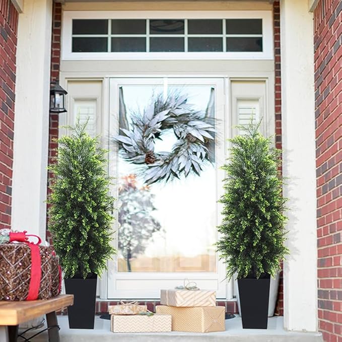 5FT Artificial Topiary Tree Beautiful Realistic Faux Cedar Pines Christmas Trees UV Rated Fake Shrubs for Front Porch Faux Plants Indoor and Outdoor Decor (1 Pack)