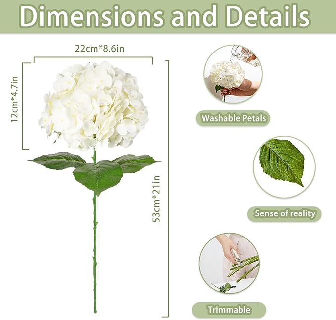 3Pcs 21 Inch White Faux Hydrangea Flowers, 3D Moisturizing Real Touch Latex Fake Flowers with Stems, for Wedding Bouquets Home Table Centerpieces Party Decor (White)