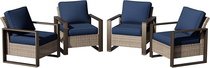Joyside Outdoor Patio Chairs Set, 4 Pieces Wicker Rattan Chairs with Metal Wide Armrest, Thick Cushions and Deep Seating for Garden, Backyard, Porch, Deck