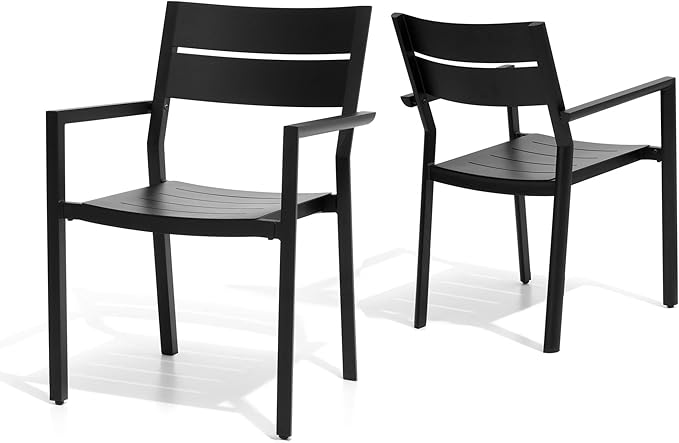 Pellebant Aluminum Stackable Patio Dining Chairs Set of 2, Black Outdoor Dining Chair with Armrest, All Weather for Patio, Lawn, Garden