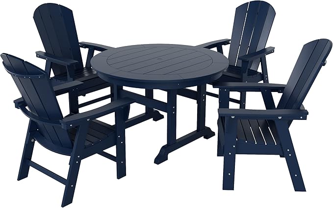 WestinTrends Malibu 5 Piece Adirondack Patio Dining Set, All Weather Poly Lumber Outdoor Table and Chairs Furniture Set, 47" Trestle Round Dining Table and 4 Adirondack Dining Chair, Navy Blue
