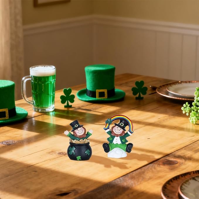 MEETYAMOR St Patricks Day Decorations, 2 PCS Irish Leprechaun Figurine for St Patricks Day Decor, Shamrock Rainbow Pot of Gold Figurines Standing for Home Table Mantel, St Patrick's Day Decorations