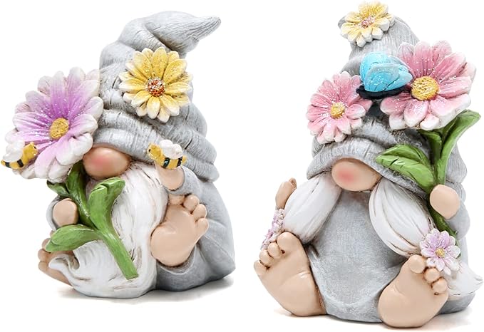 Hodao Set of 2 Spring Gnome Decorations Flower Gnomes Ornaments Decor Summer Outdoor Figurines Spring Elves for Porch, Garden Yard, Flower Bed Garden Gifts for Women, Mom