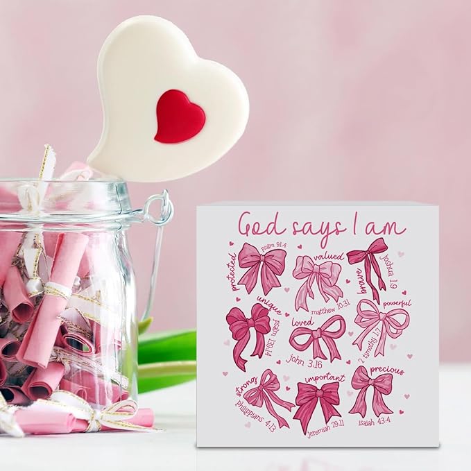 Valentines Day Decorations, Valentines Day Gifts for Her Him, Gift for Boyfriend Girlfriend, Romantic Pink Bow Bible Verse Anniversary Christian Wooden Box Sign Husband Wife Home Office Desk Decor