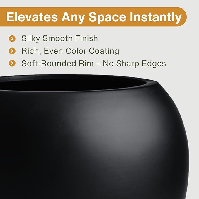 KUTE NEST 9.7" H x 12" D Globo Fiberstone Round Planter with Drainage Hole, Smooth Finishes, Weather Resistant for Indoor and Outdoor Use, Included 2 Extra Coco Mats (Black, 7.8" Pot Opening)