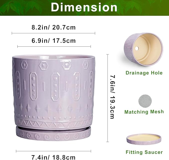 Ceramic Flower Pots, 8 Inch Plant Pots Indoor Outdoor, Round Planter with Drainage Hole and Tray, Boho Planter, Decorative Pot for Plants, Apartment Decor, House Warming Gifts, Purple