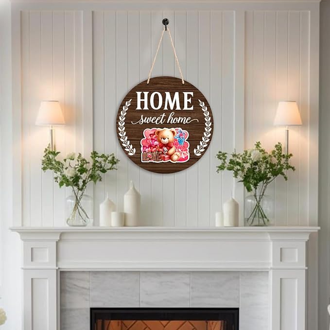 Interchangeable Welcome Sign Valentine's Day Front Porch Decor, Rustic Round Wood Wreath Door Decoration, Home Sweet Home Sign for Spring Summer Fall Winter All Seasons Holiday, Dark Brown