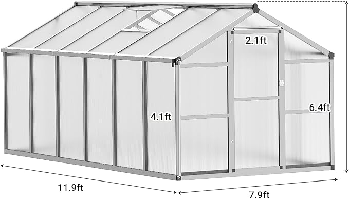 8X12 FT Greenhouse, Polycarbonate Garden Greenhouse for Outdoors,Aluminum Frame Green House with Lockable Door and Adjustable Roof Vent, Ideal for Backyard Patio and Outside Growing