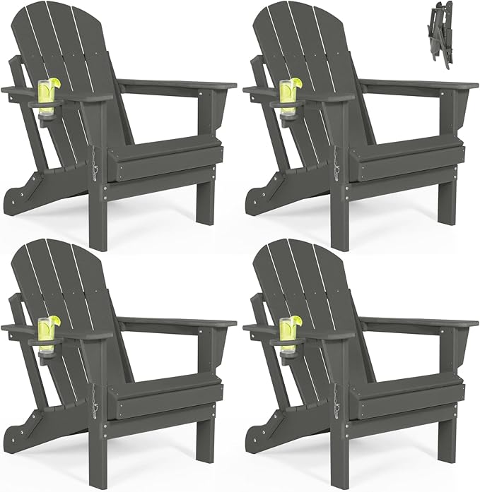Folding Adirondack Chairs Set of 4 - Plastic Adirondack Chairs with Cup Holder, Weather Resistant for Outdoor, Patio, Lawn, Garden, Backyard Deck, Fire Pit - Dark Gray