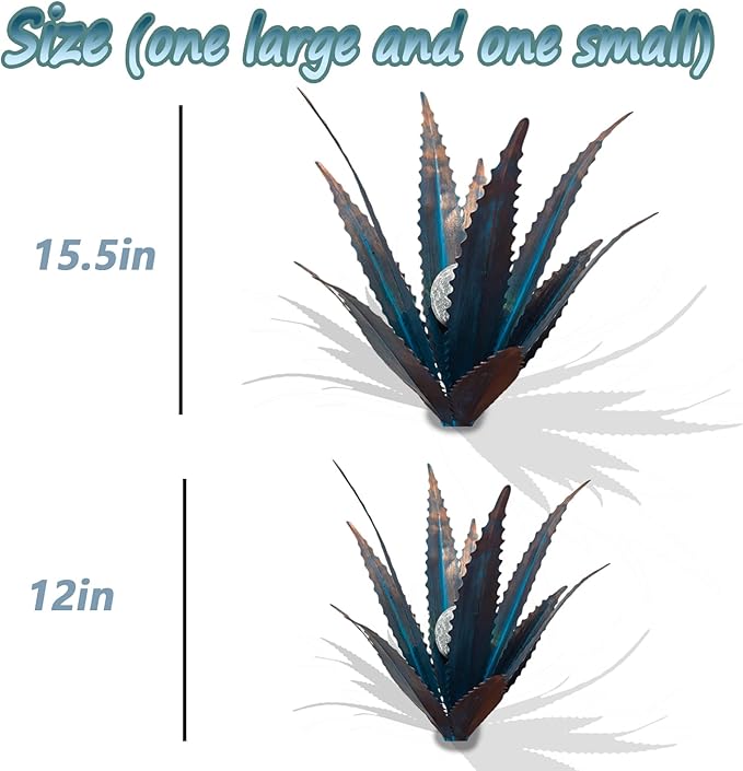 Muciwa 2 PCS Metal Agave Sculpture Decoration, Vintage Country Hand-Painted Sculpture DIY Metal Agave Plant, Home Garden Courtyard Lawn Outdoor Decoration (Serrated Blue)