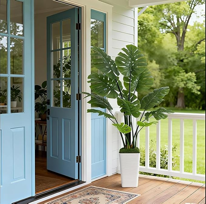 5FT Artificial Monstera Plant Realistic Faux Monstera Plant with Tall White Planter and Thread Moss, Lifelike Indoor Outdoor Artificial Tree for Living Room, Bedroom, Office, Housewarming Decor