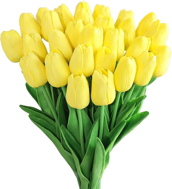 Kisflower 30Pcs Latex Tulips Real Touch Yellow Artificial Flowers Fake Tulips Arrangement Bouquet for Home Office Wedding Decor (Yellow)