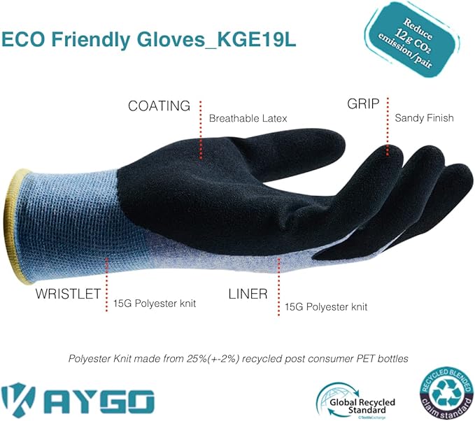 KAYGO Work Gloves for Women, Eco Friendly Safety Work Gloves with Breathable Rubber Coated, KGE19L,3 Pairs