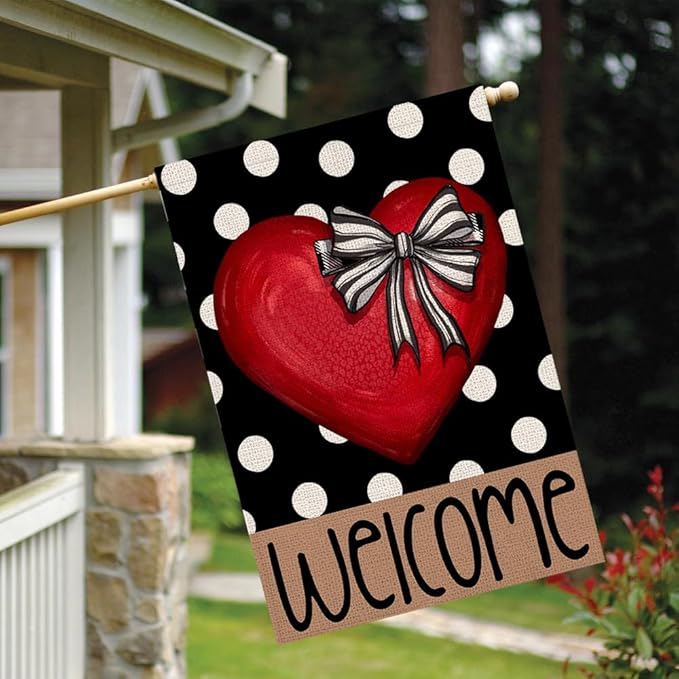 Polka Dot Red Heart with Bow Welcome Valentines House Flag 28x40 Inch Double Sided Outside Love Outdoor Seasonal Decorative Large Garden Decorations