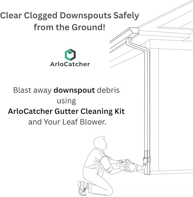 ArloCatcher 30-Foot Gutter Cleaning Kit for RYOBI Leaf Blower 40V 800 CFM RY40HPLB01 Leaf Blower– Two-Story Gutter Cleaning Tools from Ground, Ladder Free, Extension Pole Not Included