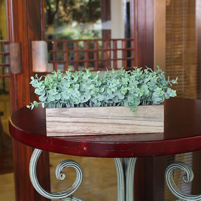 Artificial Eucalyptus Potted Plants Fake Potted Plants Rectangular Wooden Planter Box Artificial Eucalyptus Leaves for Suit Office Party Table Indoor and Outdoor Decor