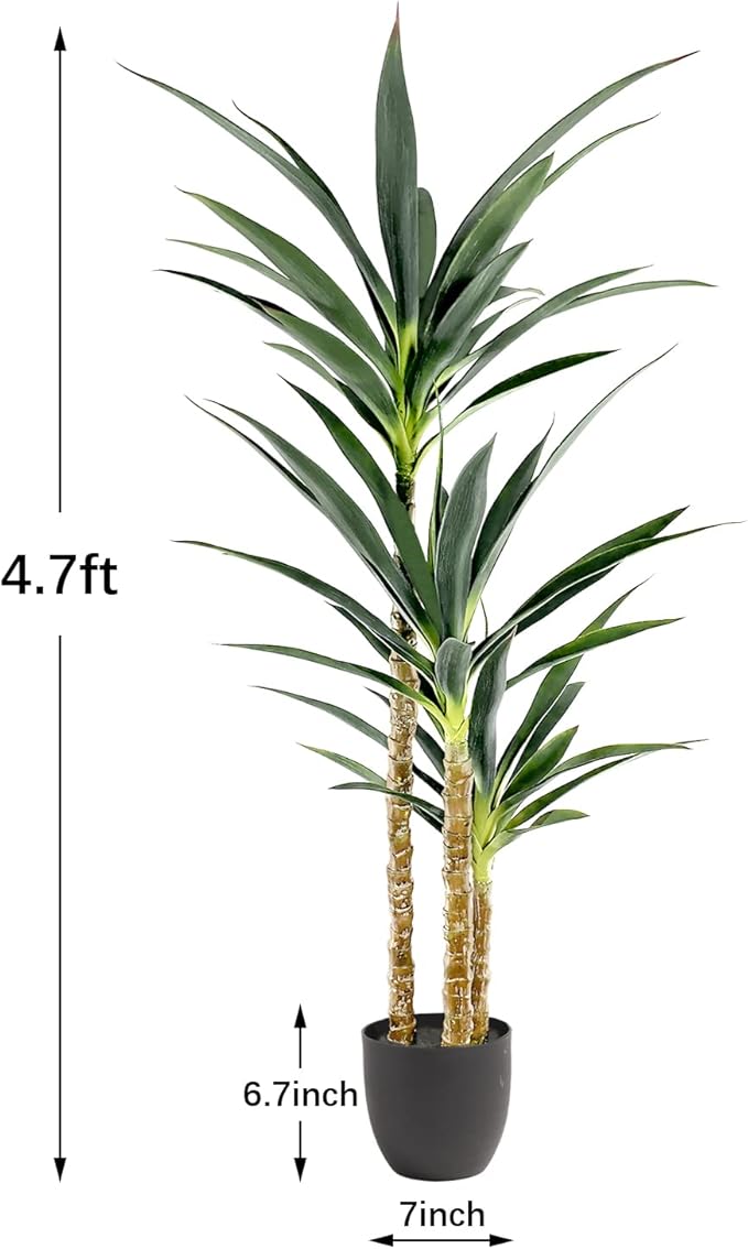 Waoops Artificial Tree 4.7Ft Faux Agave Plant with 3 Heads in Plastic Pot Fake Tree for Home Decor Indoor or Outdoor Office Decoration Housewarming Gift(4.7 Feet-1 Pack)