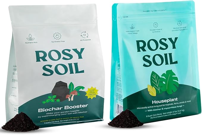 Rosy Soil Biochar Booster 8qt + Indoor Potting Mix 8qt for Houseplant - Peat Free Organic Living Soil with Worm Castings, Mycorrhizae, Pine Bark Fines - Fast Draining, Root Boosting Biochar Supplement