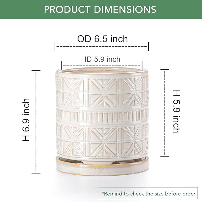 POITONRU Ceramic Plant Pots Indoor-Outdoor: 6 Inch Embossed Planters with Drainage Hole & Saucer - Modern Decorative Flower Pots for Home Garden Patio Office Decor