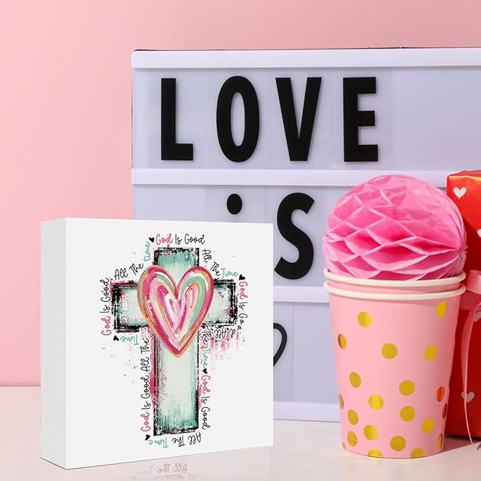 Valentines Day Decorations, Valentines Day Gifts for Her Him, Gift for Boyfriend Girlfriend, Romantic Watercolor Heart Cross Anniversary Christian Wooden Box Sign Husband Wife Home Office Desk Decor