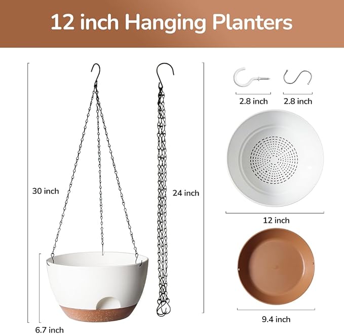 LESOASIS Hanging Planter, 12 Inch Self-Watering Hanging Planters for Indoor Outdoor Plants, Hanging Basket for Plants Flowers Outdoor (White)