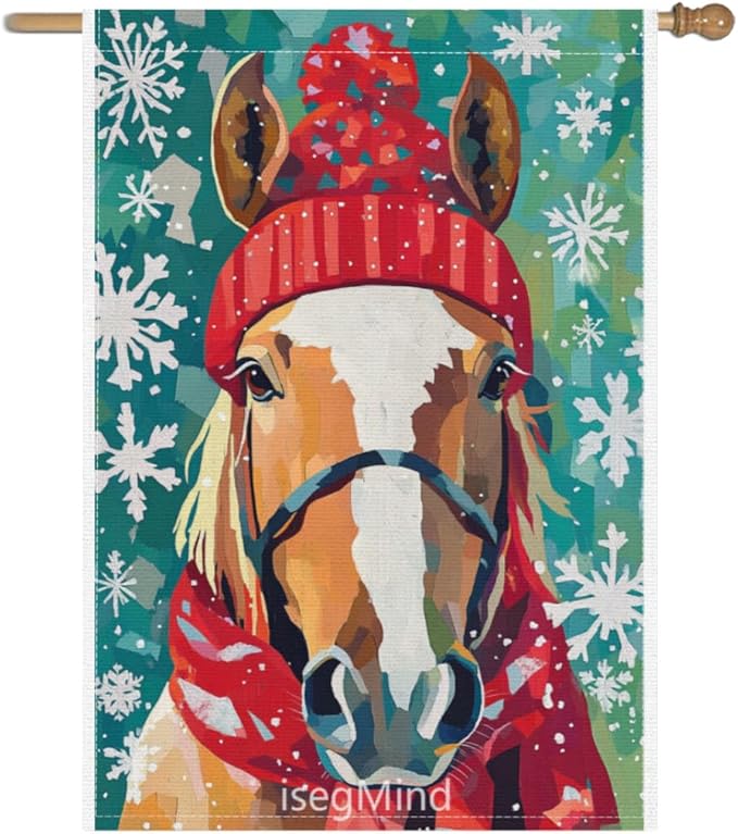 Horse with Red Scarf and Hat Snowflake Christmas Garden Flag, 28x40 Inch Double Sided Linen Holiday Red Winter Farmhouse Yard Outdoor Decoration (4321)