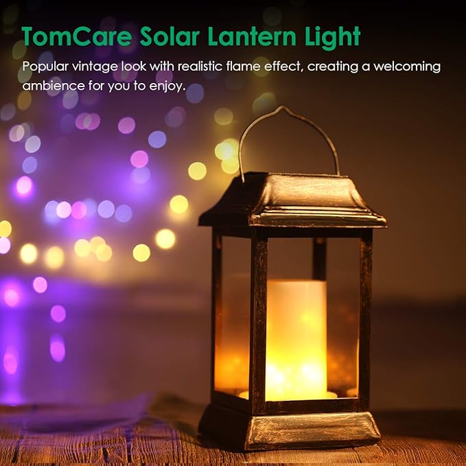 TomCare Solar Lights Metal Flickering Flame Solar Lantern Outdoor Hanging Lanterns Lighting Heavy Duty Solar Powered Waterproof LED Flame Lights for Outdoor Patio Garden, 2 Pack (Bronze)