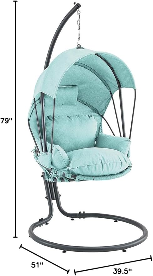 Barton Deluxe Hanging Chair Aqua w/Canopy Sun Shade Deep Cushion Lounge Seating Outdoor Indoor Patio Bedroom Hanging Swinging