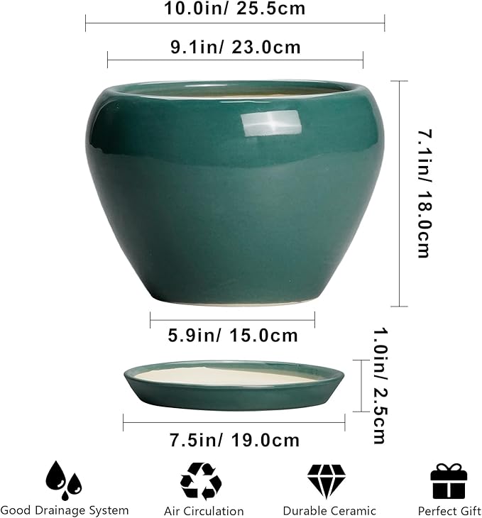 Ceramic Planter for Indoor Plants 10 Inch - Ceramic Plant Pot with Drainage Hole and Saucer, Glaze Round Modern Decorative Planter, Plant Lover Gifts, Home Room Office Decor, Green