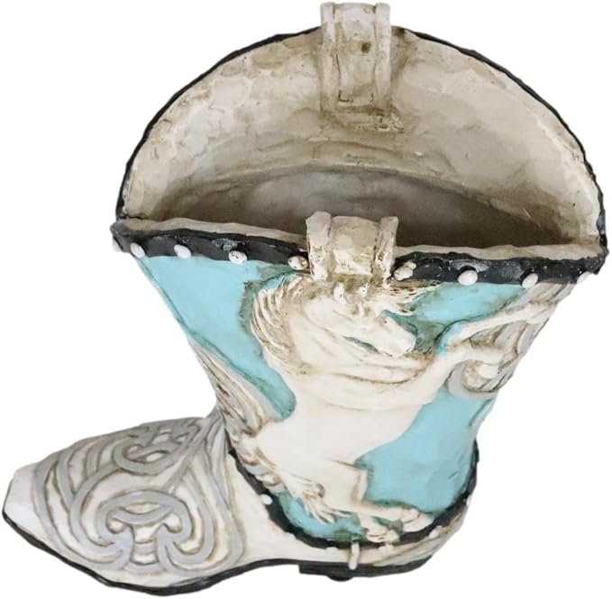 Ebros Gift Rustic Western Colorful Faux Tooled Leather Aqua Blue and White Prancing Horse Cowboy Cowgirl Boot Decorative Figurine Or Floral Vase Planter Table Shelf Countertop Accent