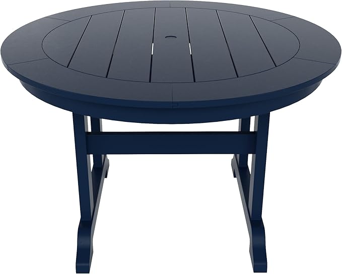 WestinTrends Malibu 5 Piece Adirondack Patio Dining Set, All Weather Poly Lumber Outdoor Table and Chairs Furniture Set, 47" Trestle Round Dining Table and 4 Adirondack Dining Chair, Navy Blue