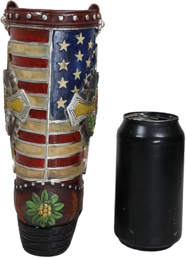 Ebros Gift Rustic Western Country USA American Flag Military Cross Olive Branch Cowboy Boot Decorative Flower Bouquet Vase Or Planter Figurine 9" High Southwestern Centerpiece