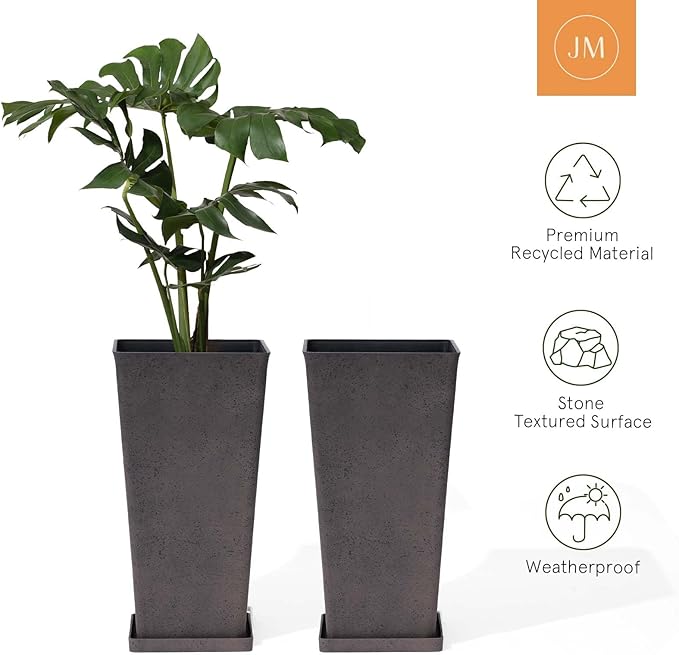 LA JOLIE MUSE 26 inch Tall Rectangular Planters for Outdoor & Indoor Plants, Set of 2 Modern Iron Planters with Trays, 26'' Iron With Tray