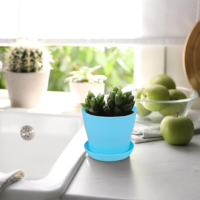 Hahood 36 Pack 4 Inch Plastic Plant Pots with Saucers Colorful Flower Plant Container Seed Starting Pots Thickened Seedlings Nursery Pots for Home Garden Indoor Outdoor Flowers, 9 Colors