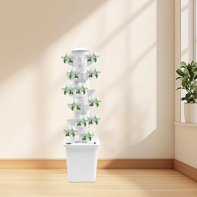 6-Tier Hydroponic Grow Tower Kit, 30 Holes Planting Sites Indoor Garden System with Water Pump, Self-Watering Vertical Gardening Kit for Lettuce, Herbs, Strawberries, Vegetables, Flowers, White