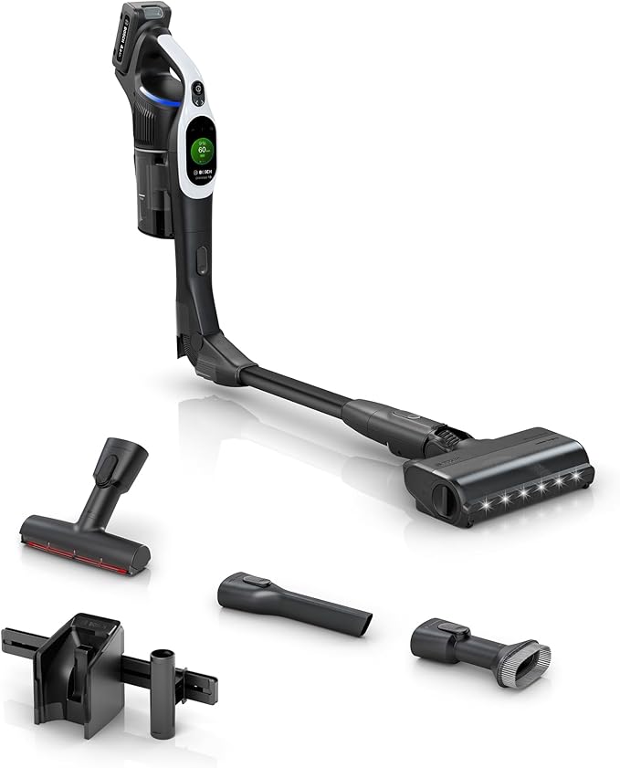 Bosch Unlimited 10 Cordless Stick Vacuum, Up to 80-Min Runtime, 90° Flex Tube, MicroClean Brush, >99.9% Dust Pick-up, HEPA Filter, Pet Hair, Carpets & Hard Floors, 3 Accessories, White