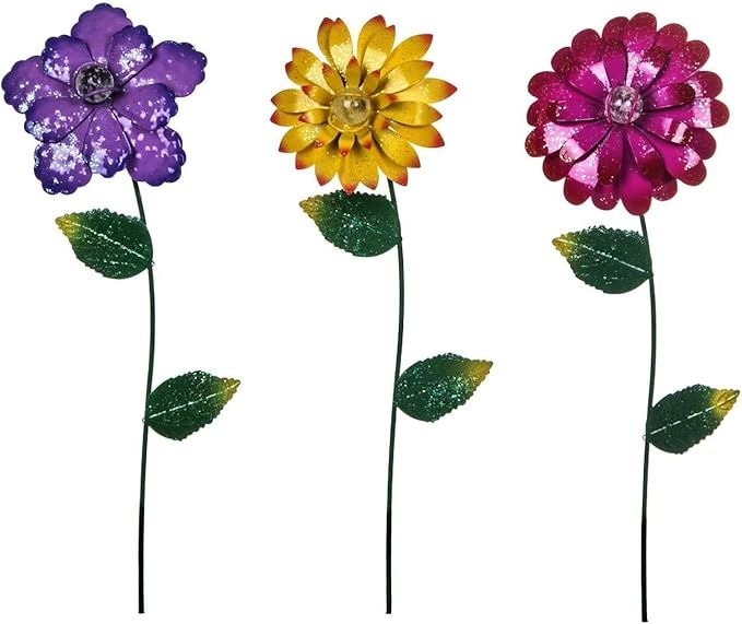 Topadorn 3 Pack Floral Garden Stake Outdoor Glow in Dark Plant Pick Waterproof Metal Flower Spring Decorations Lawn Yard Patio Art Stakes, Ornaments Gift for Garden Lovers