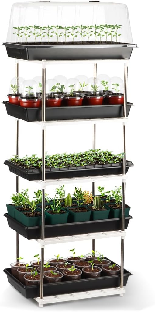 5 Layer Seed Starter Tray Plant Stand, Storage for Nursery Pot Seeding Cell Tray Container Indoor/Outdoor Plant Rack Holder (White)
