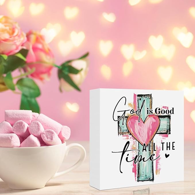 Valentines Day Decorations, Valentines Day Gifts for Her Him, Gift for Boyfriend Girlfriend, Romantic Watercolor Cross Anniversary Christian Wooden Box Sign Husband Wife Home Office Desk Decor